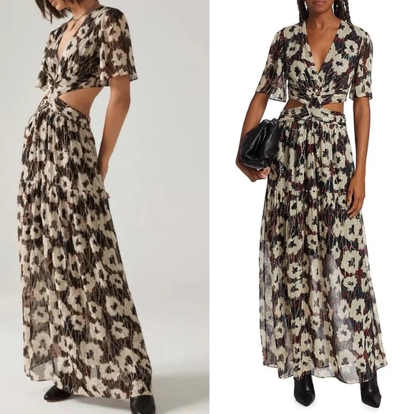 ba&sh Dresses & Skirts - Ba&sh Maxi Dress Cutout Small Kandy Metallic Floral Off White Gold Sparkly